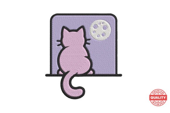 Cat Watching Moon Embroidery