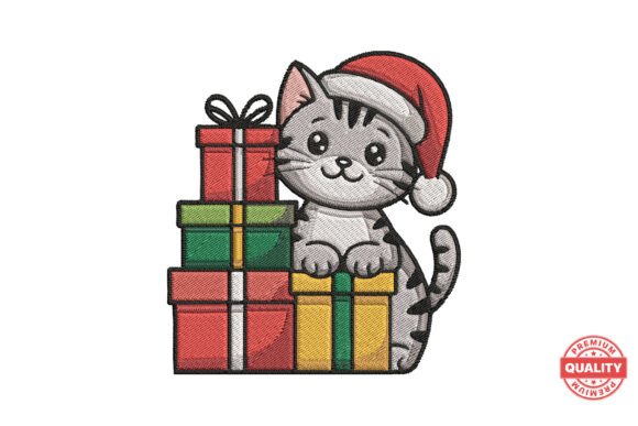 Christmas Cat with Presents Embroidery