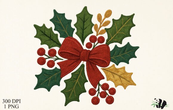 Faux Embroidery Christmas Holly PNG